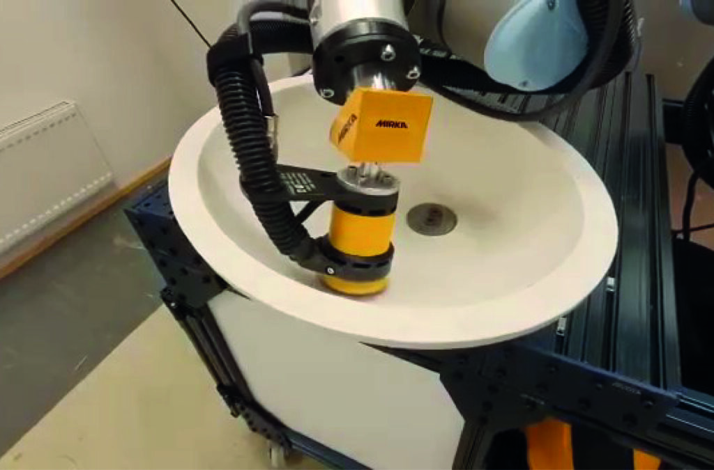 UR10 sanding sink basin with Mirka AIROS 350CV and Robotiq software